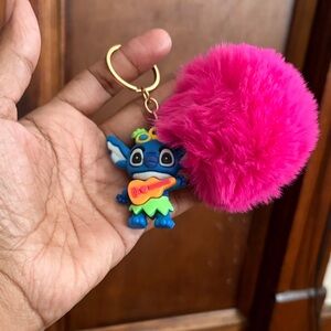 Blue and Pink Character Keychain with Fluffy Pom-Pom